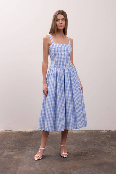 GINGHAM SQUARE NECK RIBBON DETAIL MIDI DRESS