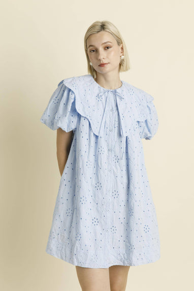 COTTON EYELET SCALLOP COLLAR DRESS