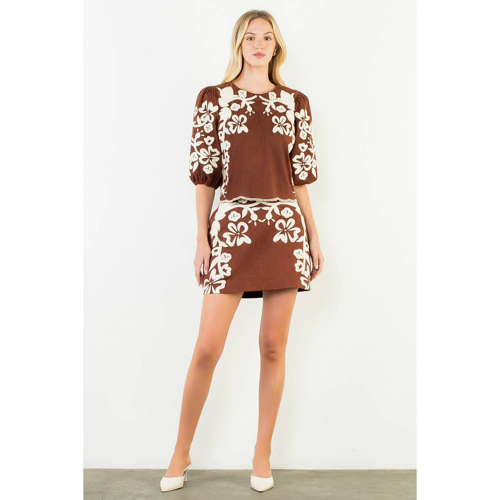 Suede Embroidered Skirt brown
