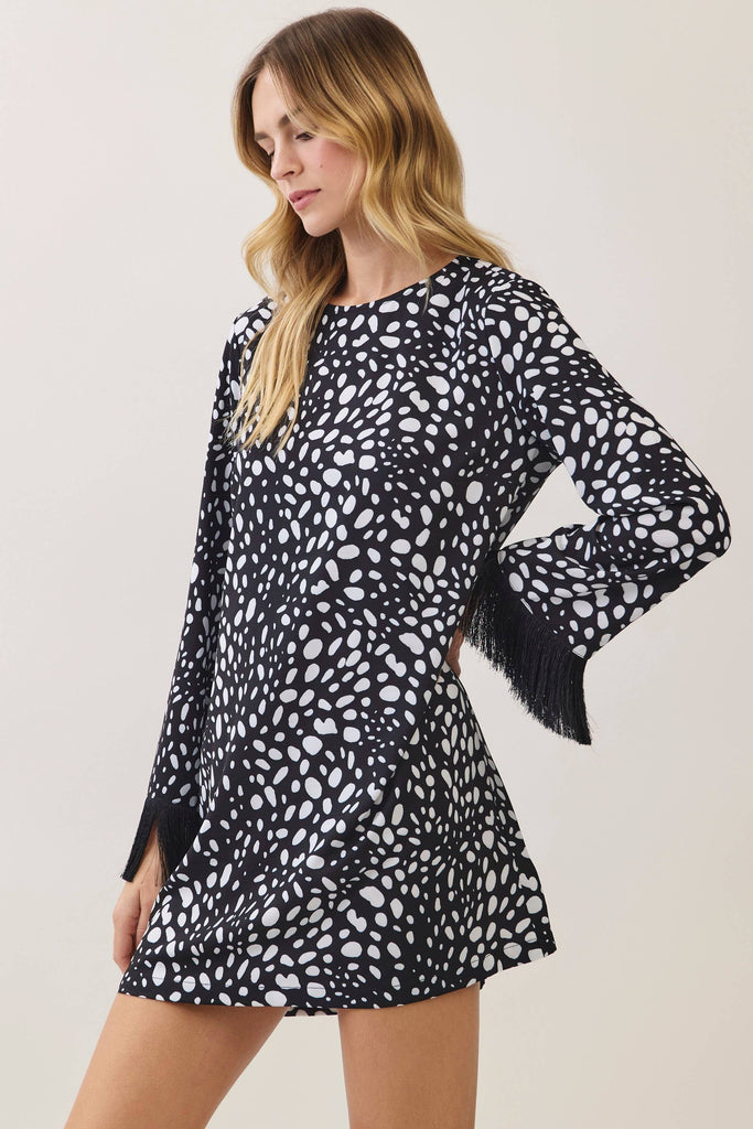 CD07624-Spotted print fringe sleeve mini dress