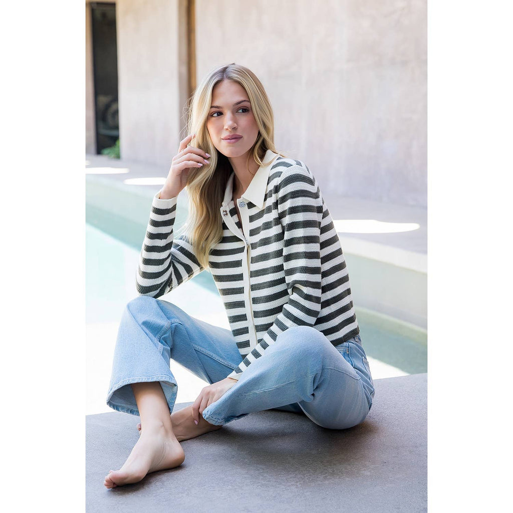 Collar Striped Knit Cardigan