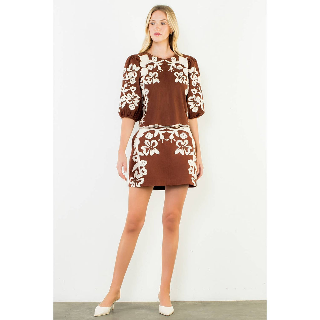 Suede Embroidered Skirt brown