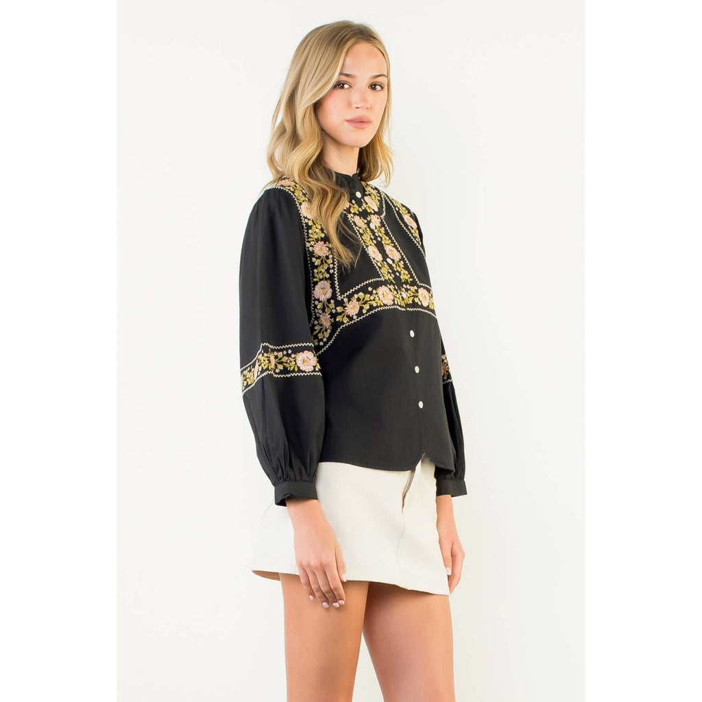 Long Sleeve Floral Embroidery Detail Top