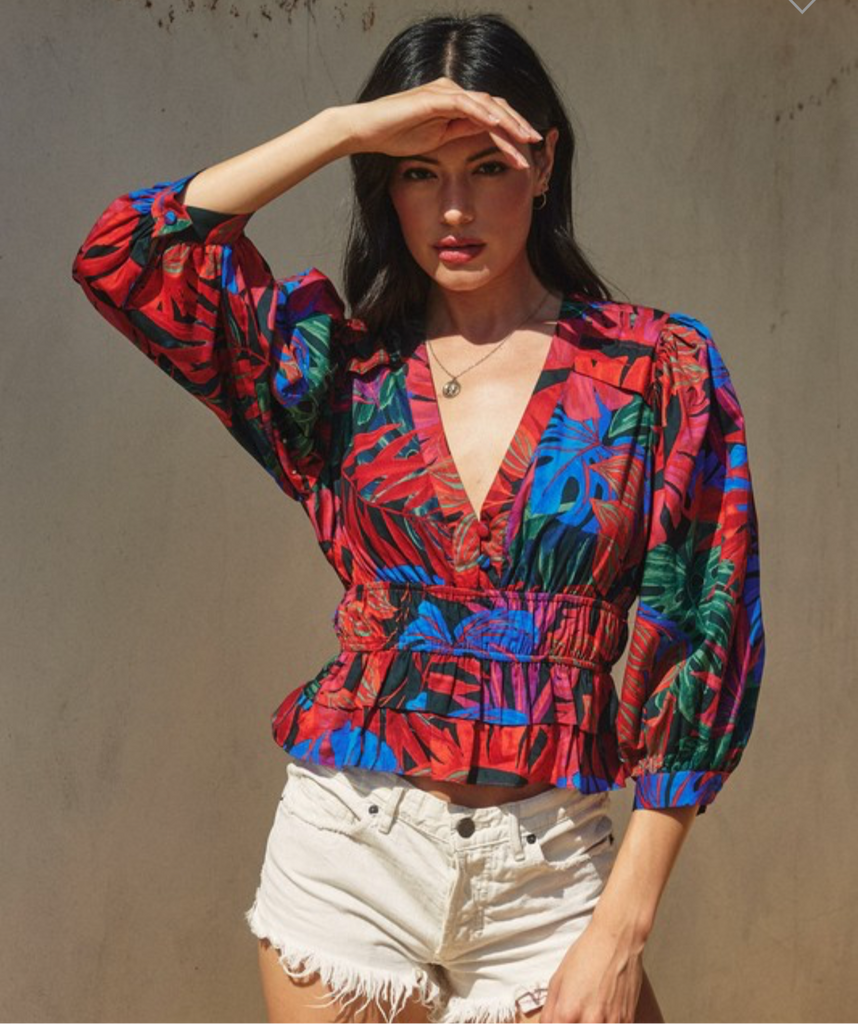 Tropical print flared hem top