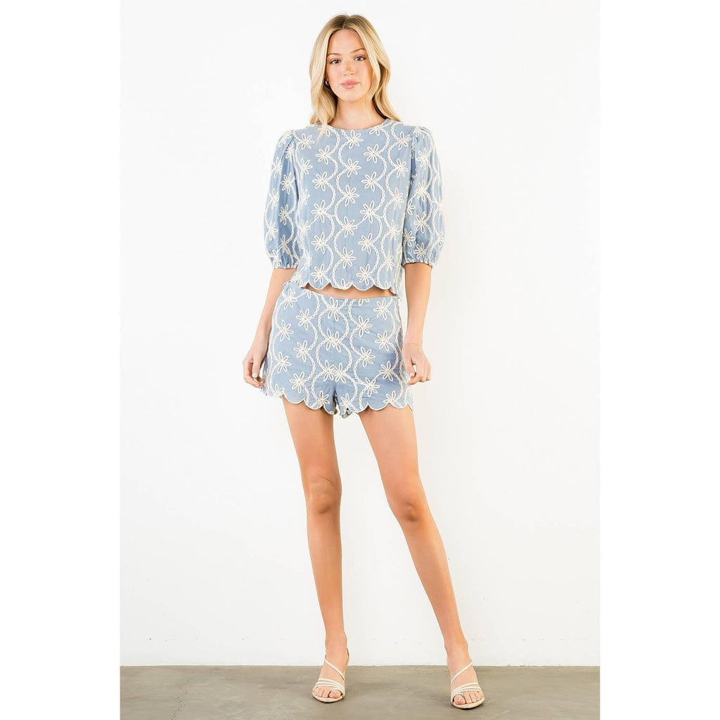 Blue Scallop Hem Shorts