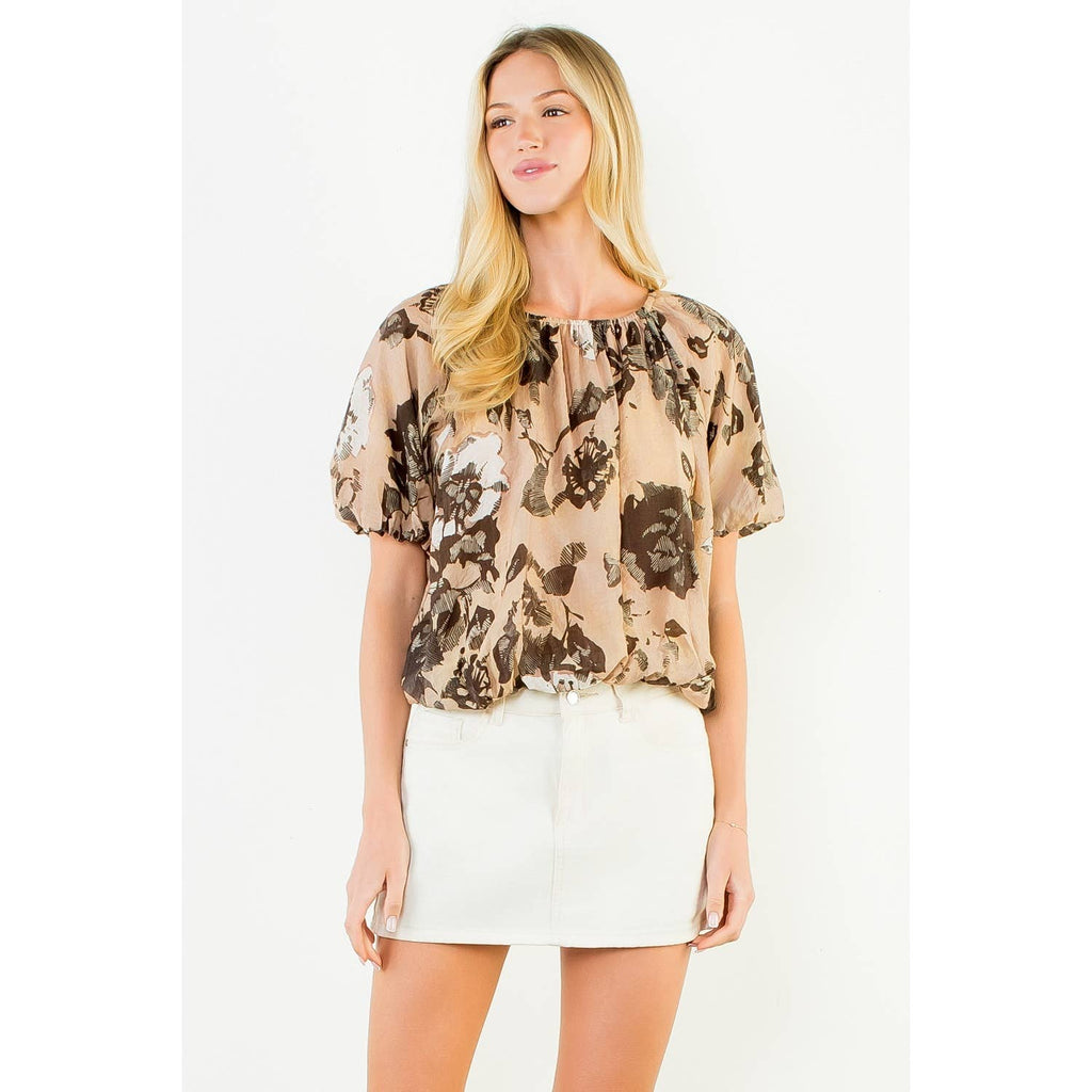 Floral Print Puff Sleeve Cinched Top