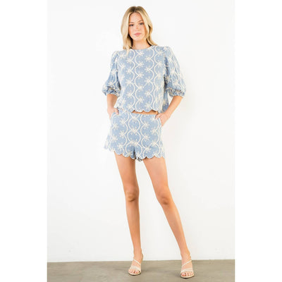 Blue Scallop Hem Shorts