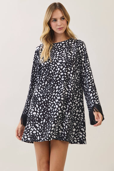 CD07624-Spotted print fringe sleeve mini dress