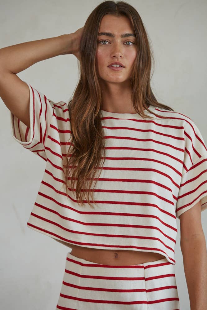 Knit Cotton Rayon Striped Short Sleeve Pullover Top