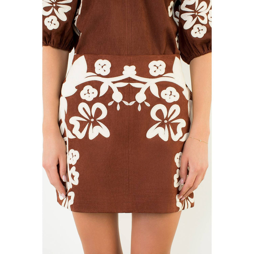 Suede Embroidered Skirt brown