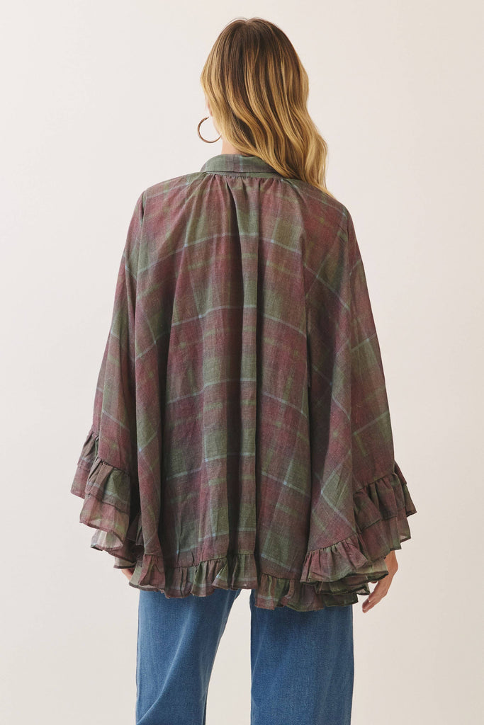 Plaid ruffle cape top