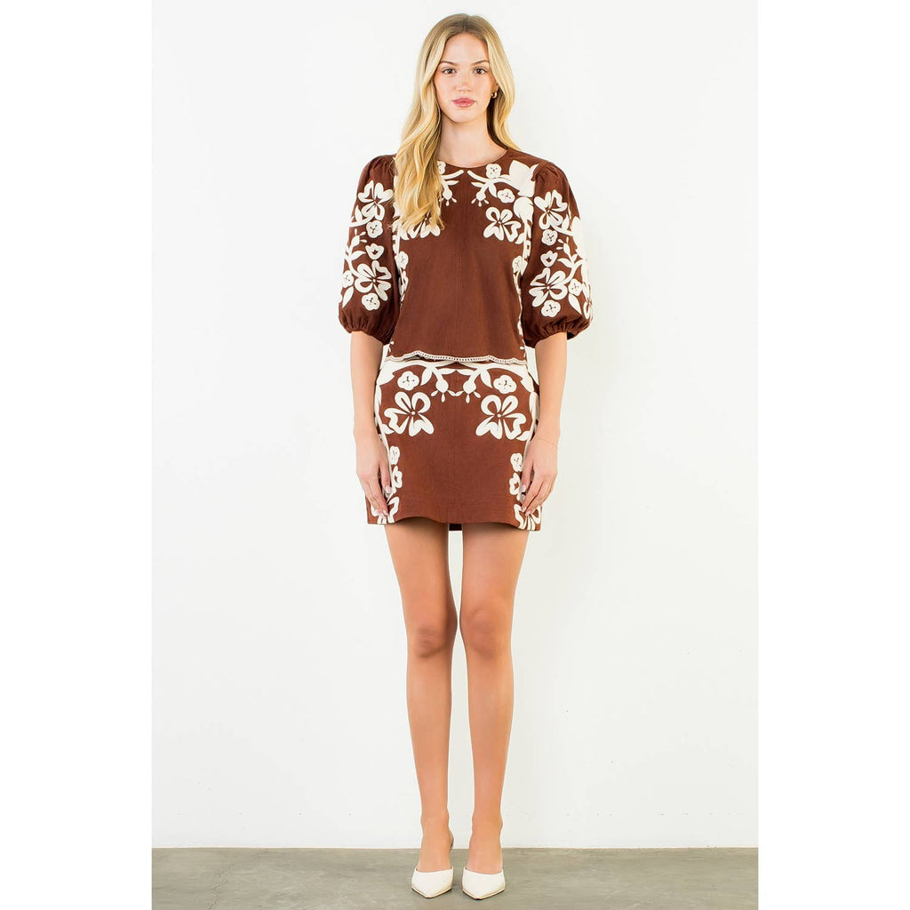 suede embroidered top brown