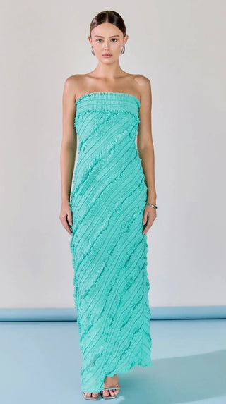 Strapless ruffle maxi aqua