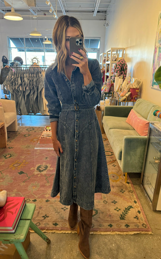 denim belted midi