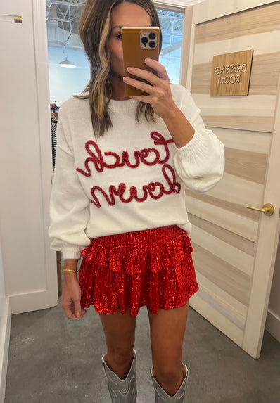 Metallic script touchdown sweater