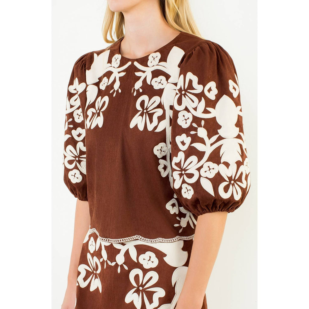 suede embroidered top brown