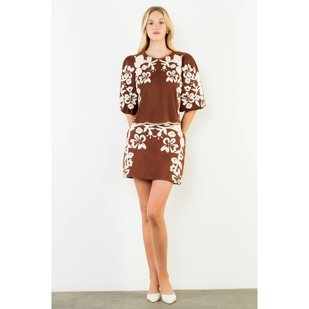 suede embroidered top brown