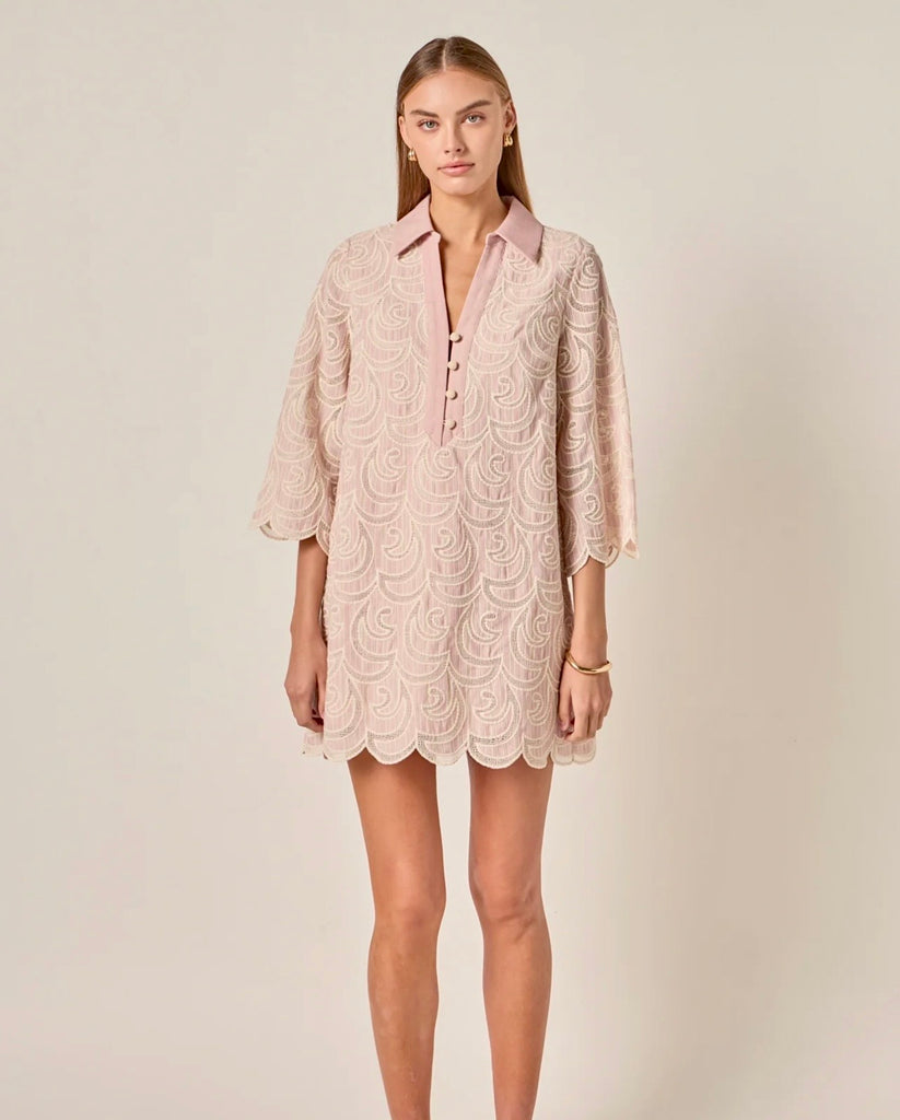 pink emb scallop shirt dress