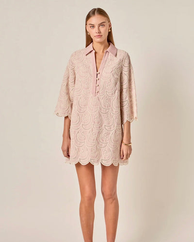 pink emb scallop shirt dress