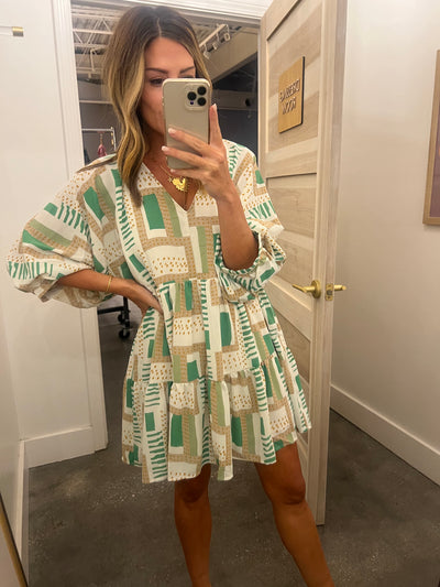 Athena green and tan mod print dress