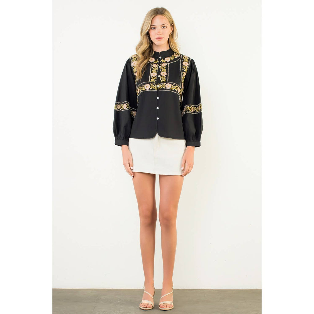 Long Sleeve Floral Embroidery Detail Top