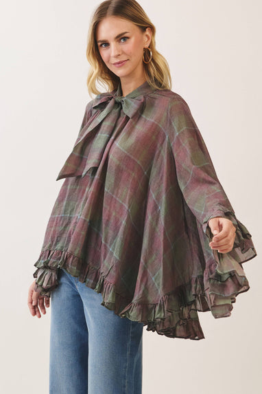 Plaid ruffle cape top