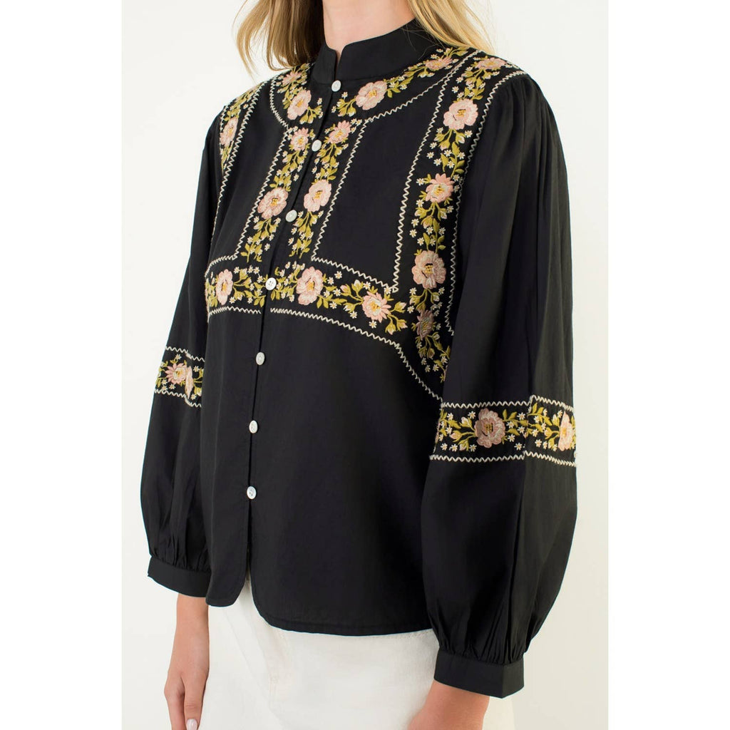 Long Sleeve Floral Embroidery Detail Top