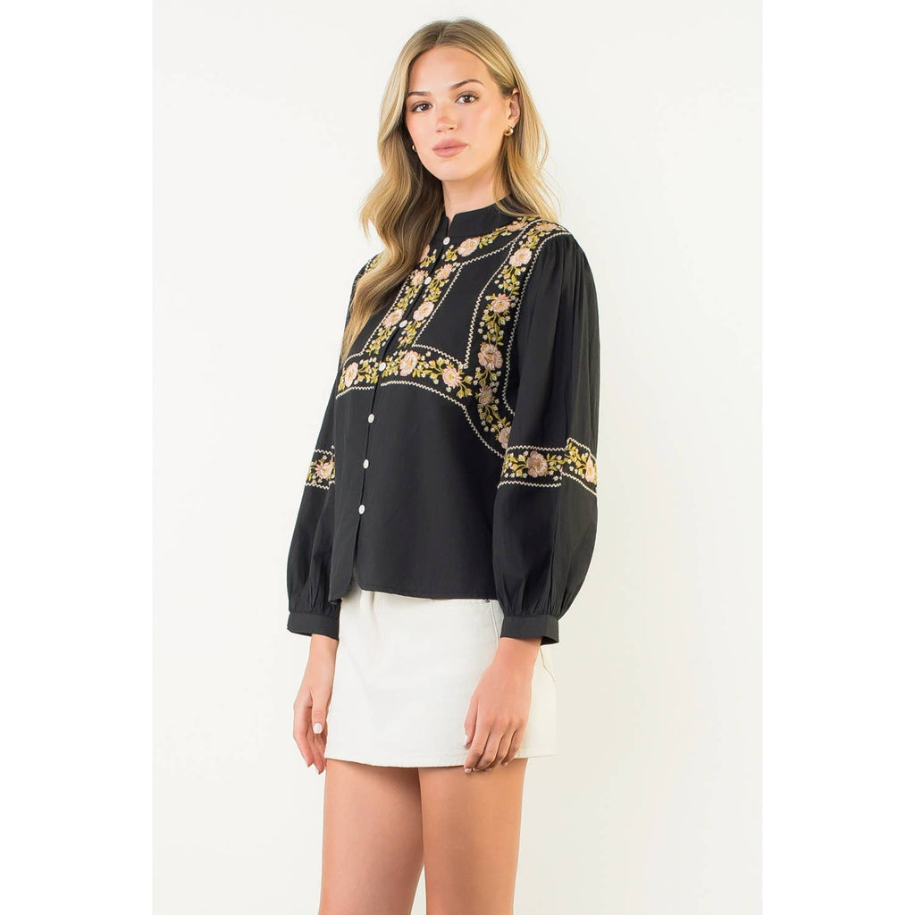 Long Sleeve Floral Embroidery Detail Top