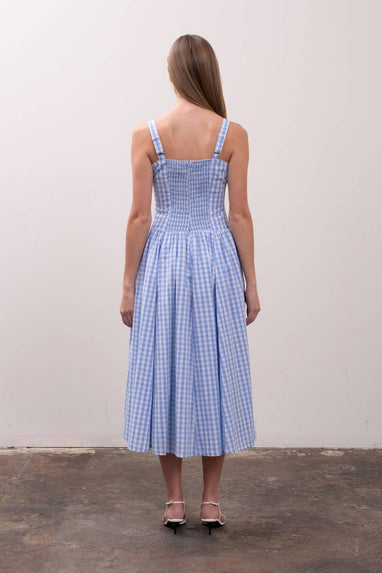 GINGHAM SQUARE NECK RIBBON DETAIL MIDI DRESS