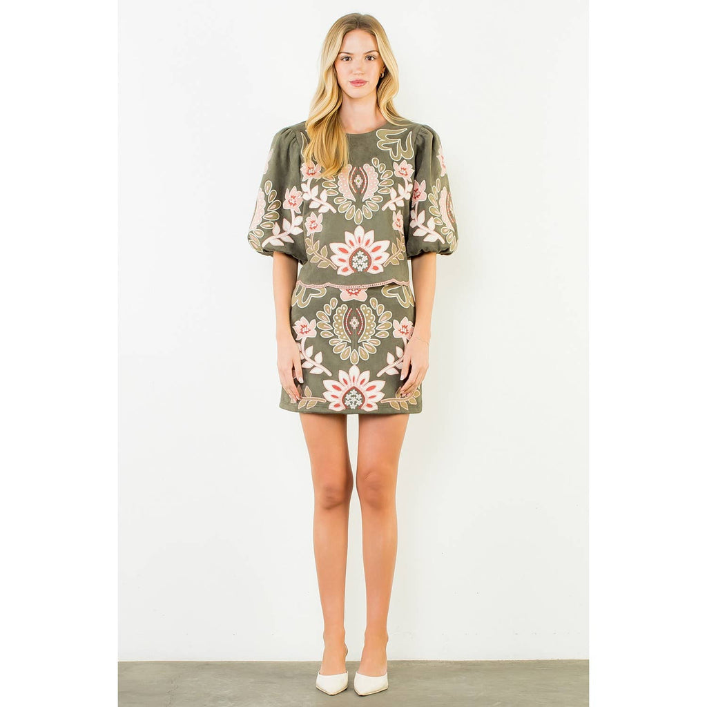 Suede Embroidered Short Skirt