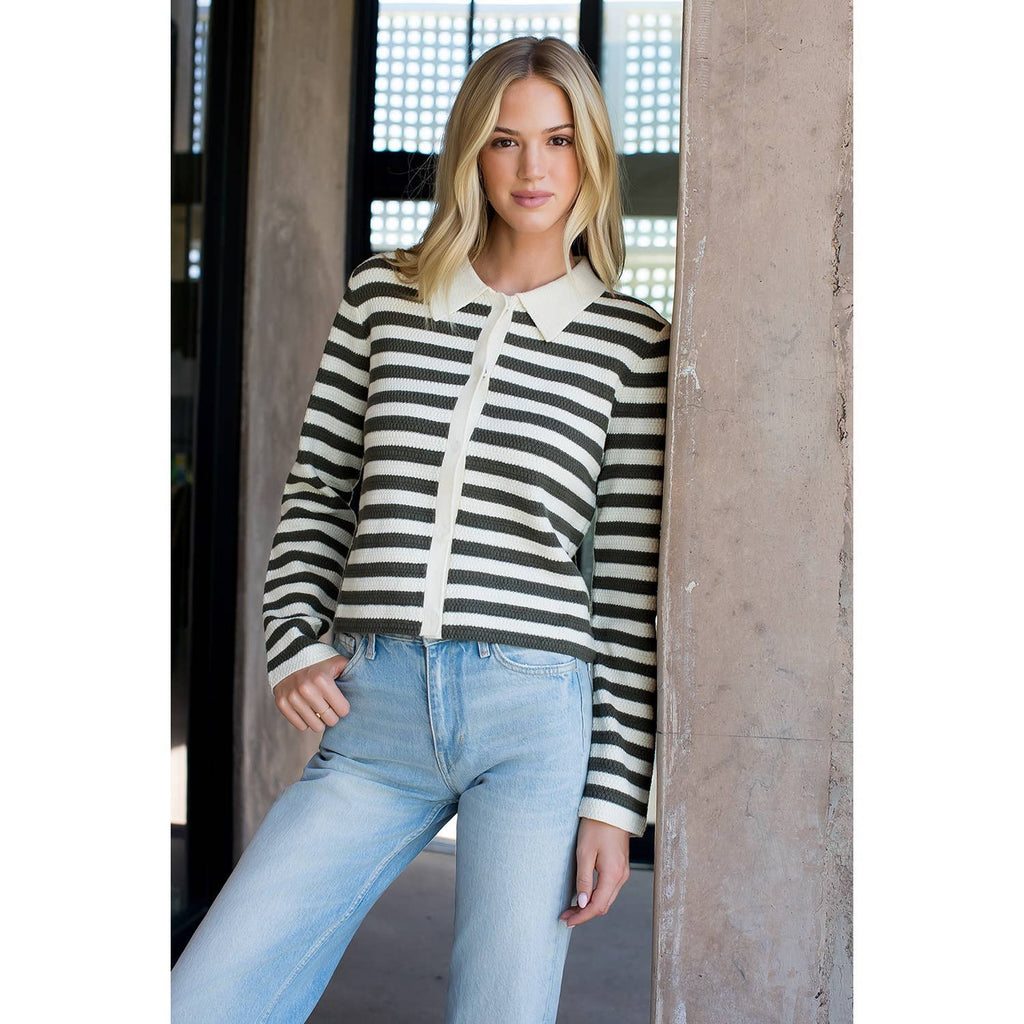 Collar Striped Knit Cardigan