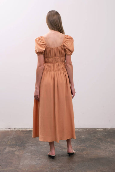 PUFF SLEEVE FRONT TIE SHIRRED MIDI DRESS