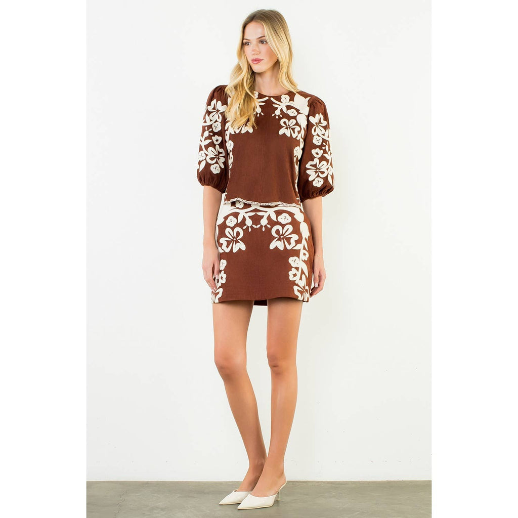 suede embroidered top brown