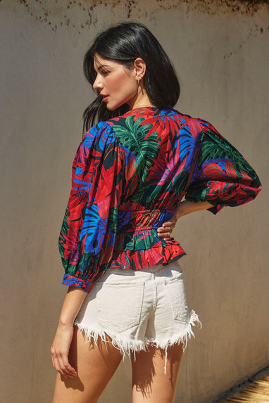 Tropical print flared hem top