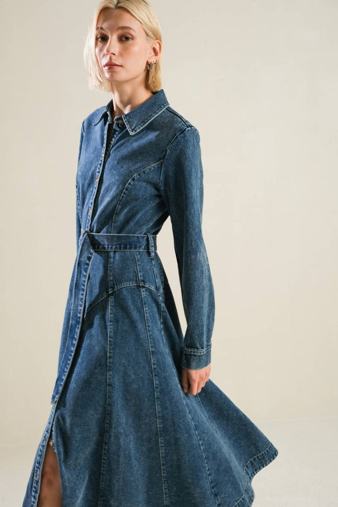 denim belted midi