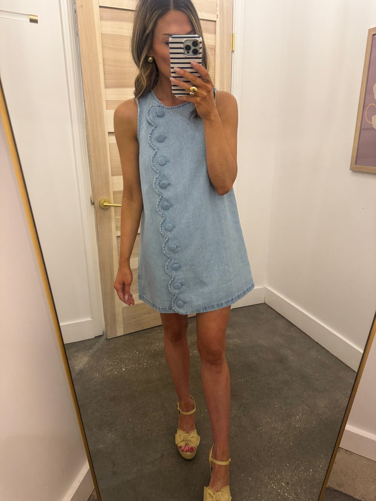 Denim scallop button dress