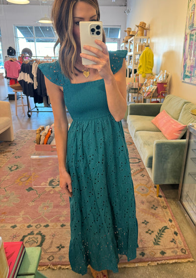 Teal smocked embroidered maxi