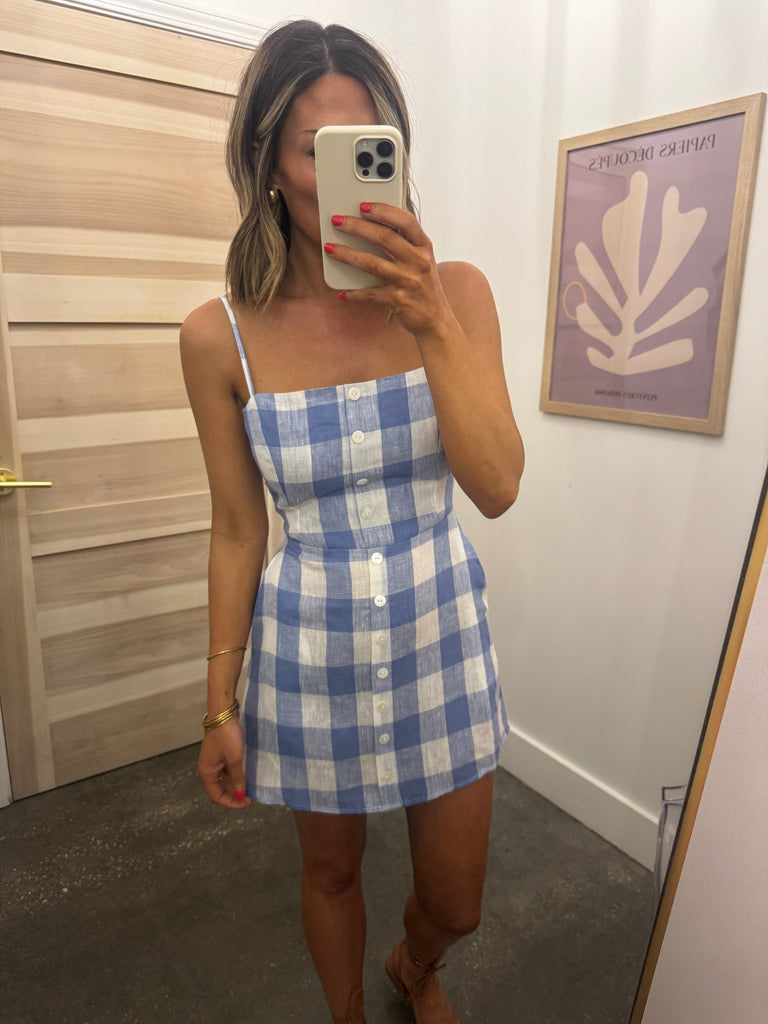 Blue gingham button dress