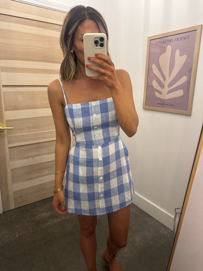 Blue gingham button dress