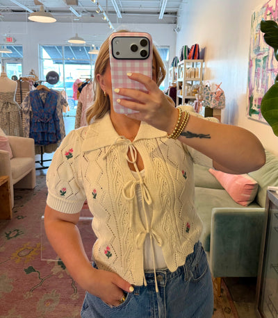 Emb tie front sweater