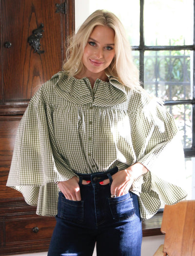 Green gingham cape top