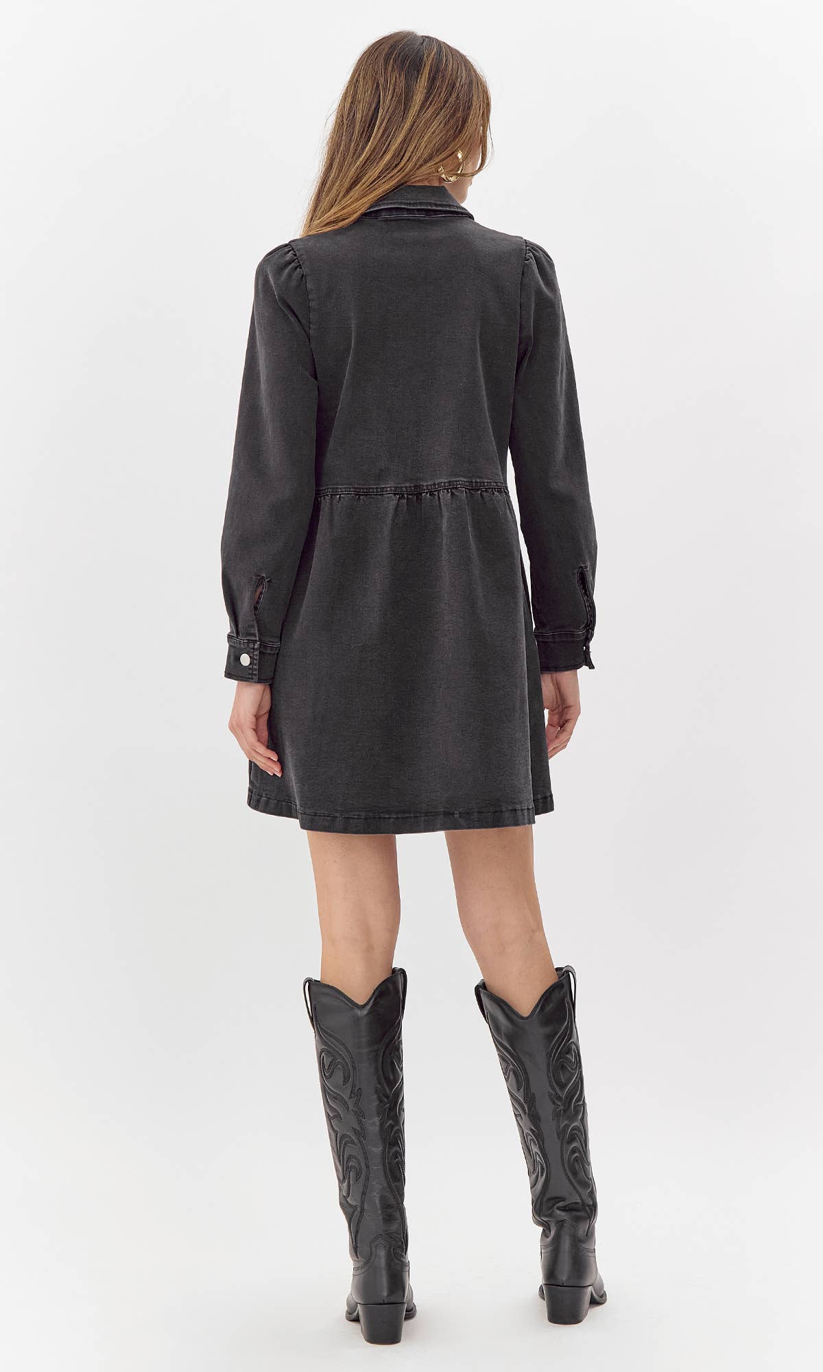 black denim zip dress boohoo Women's Plus Denim Zip Up Shift Dress in Washed Black