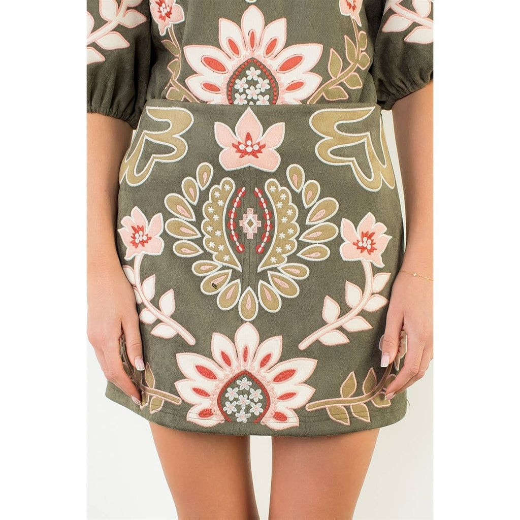Suede Embroidered Short Skirt