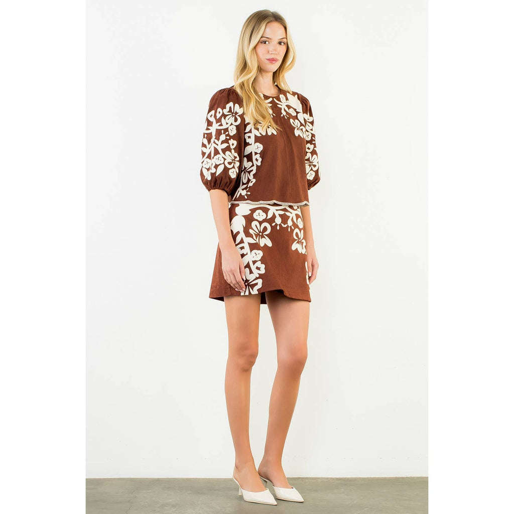 suede embroidered top brown