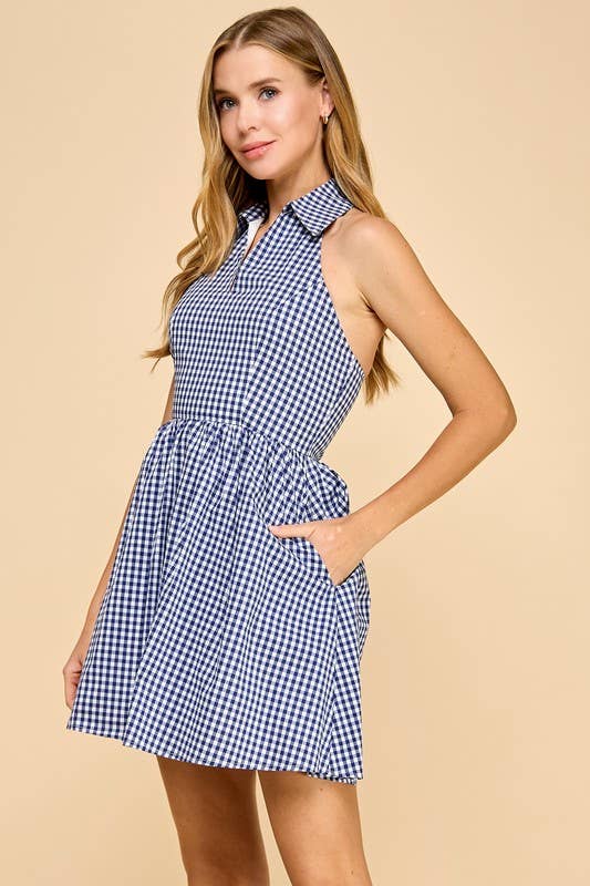 blue gingham halter dress ASTR the Label | Meana Gingham Halter Midi Dress in Blue Gingham