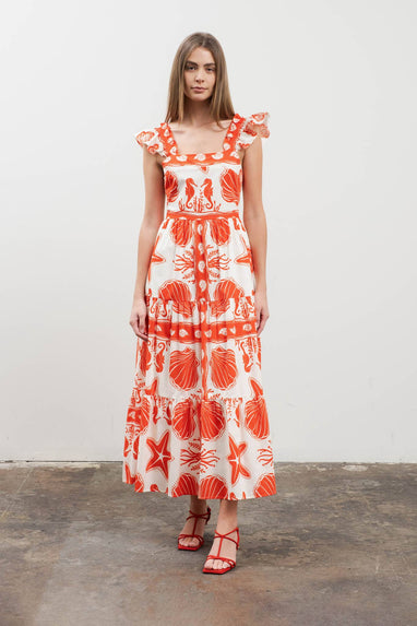SEA PRINT RUFFLE SLEEVE DRESS