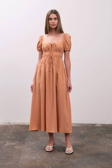 PUFF SLEEVE FRONT TIE SHIRRED MIDI DRESS