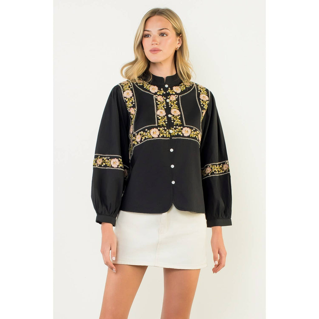 Long Sleeve Floral Embroidery Detail Top