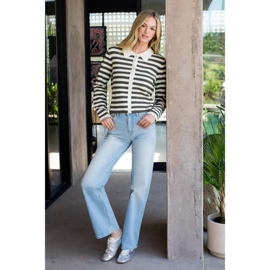 Collar Striped Knit Cardigan