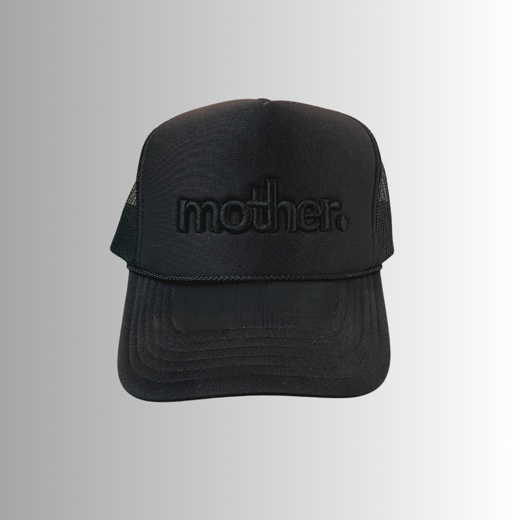 "mother." Embroidered Trucker Hat - Black on Black